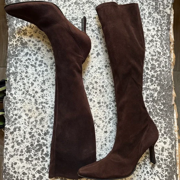 STUART WEITZMAN Brown Suede Heeled Pull Up Tall Boots - Picture 1 of 9